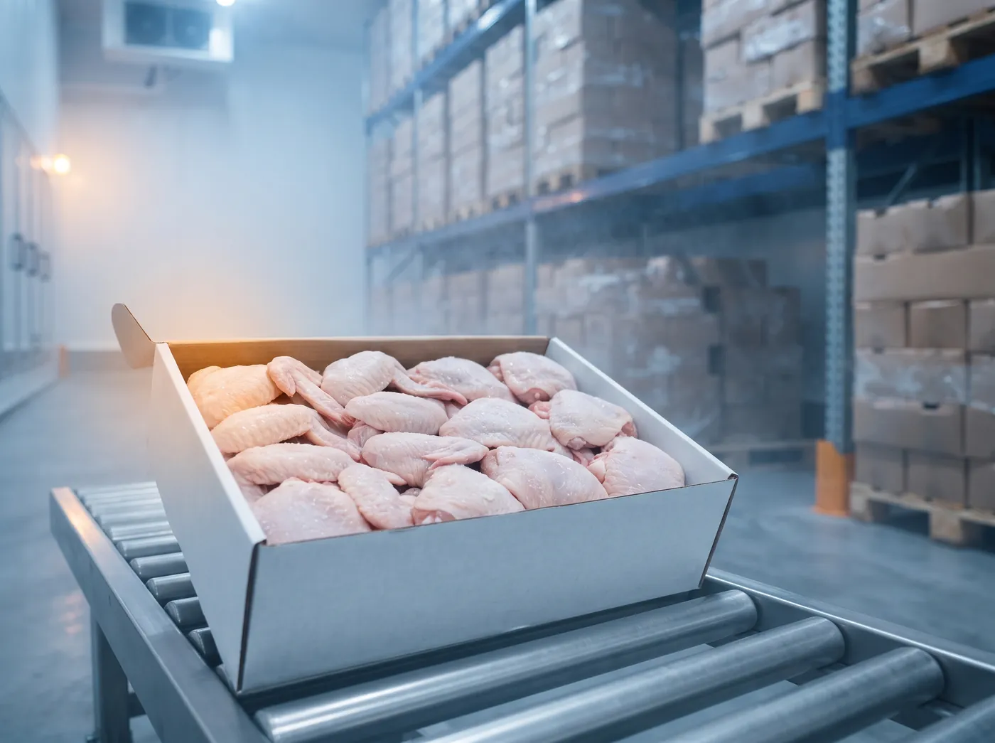 Box of frozen chicken wings and thighs in a cold storage warehouse