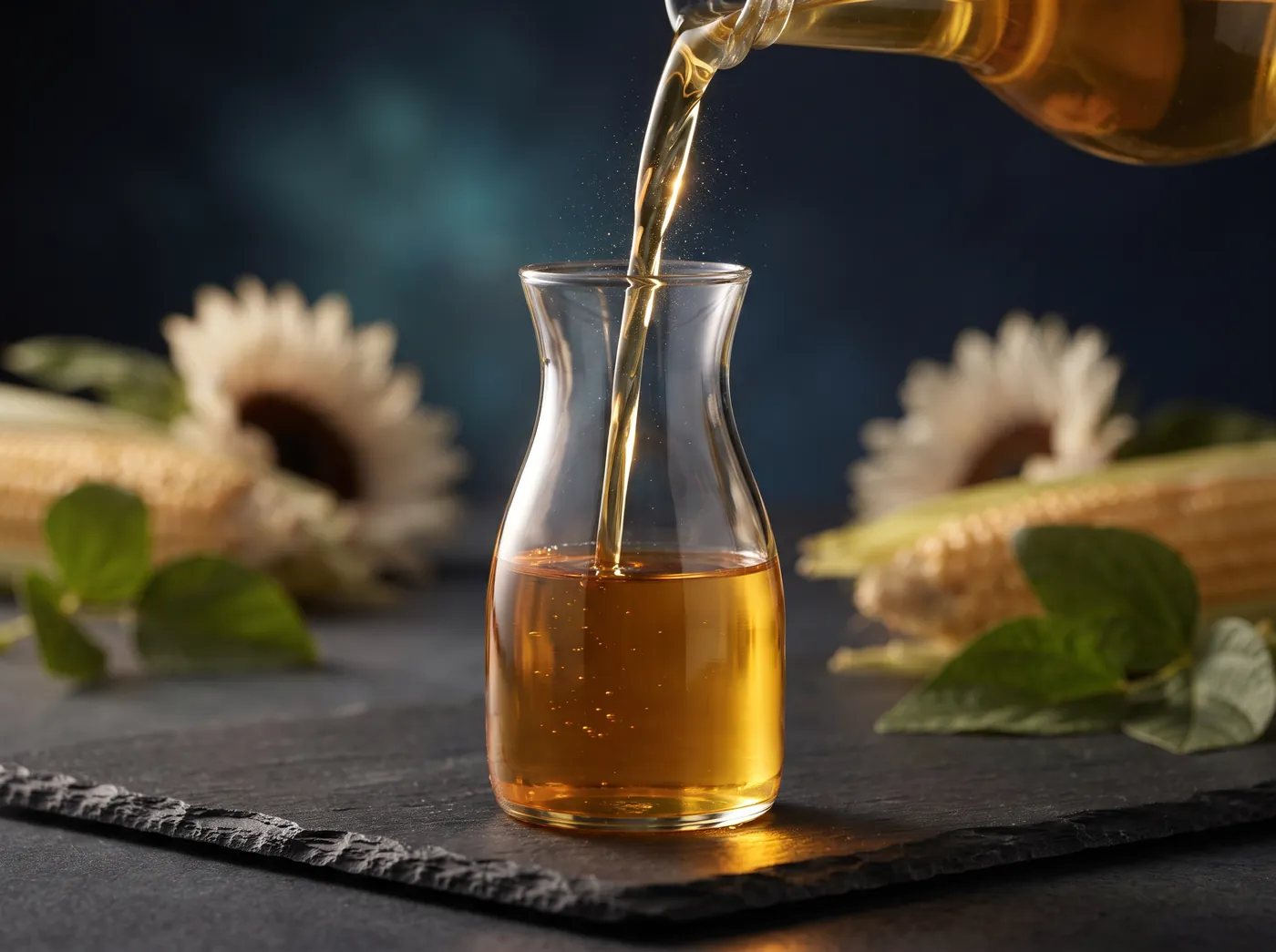 Golden vegetable oil poured into a glass carafe, with sunflowers and corn behind