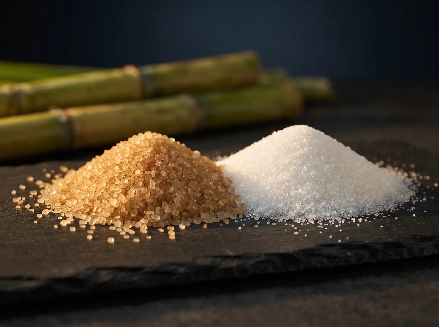 Raw cane sugar and white refined sugar next to sugarcane stalks